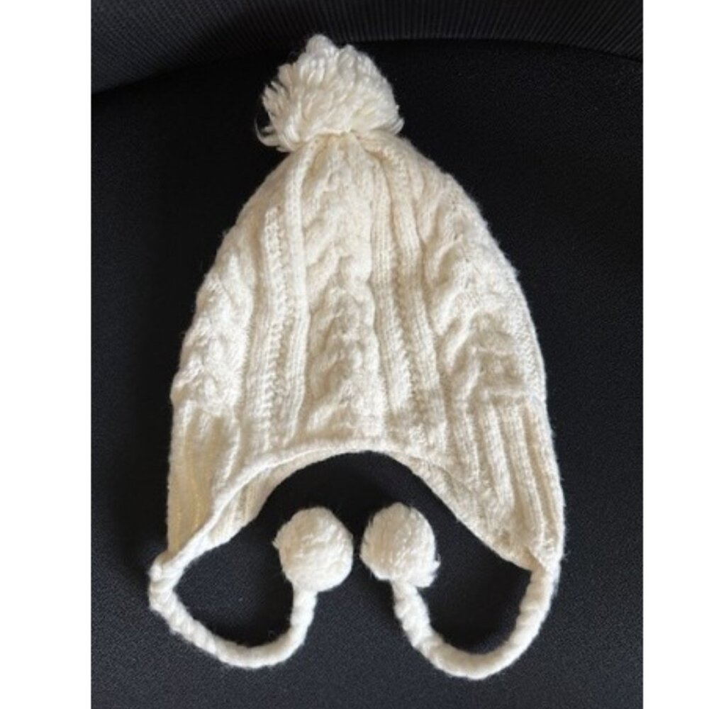 Alfani Knitted Chullo Hat, Ear Flap, Pom Pom, Beanie, Ivory